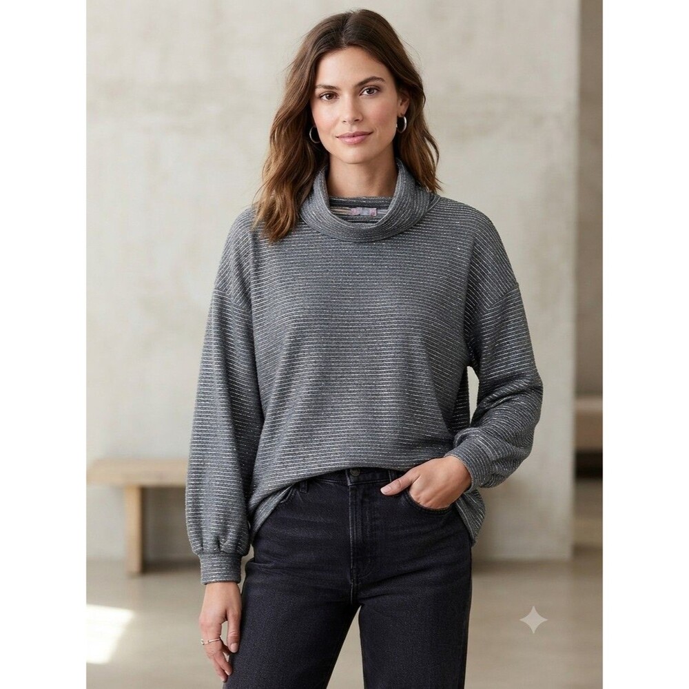 Talbots LUXE VELOUR LUREX® COWLNECK PULLOVER in Grey With Silver Stripes